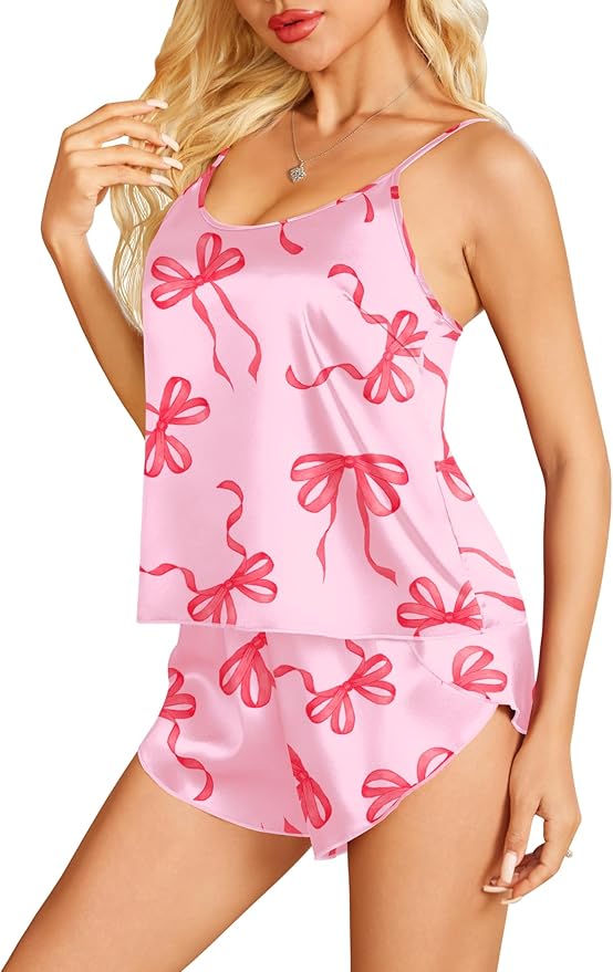 Ekouaer Womens Satin Pajamas Set Tie Back Silk Pjs Adjustable Lingerie Cami Top and Shorts Nightwear Sets