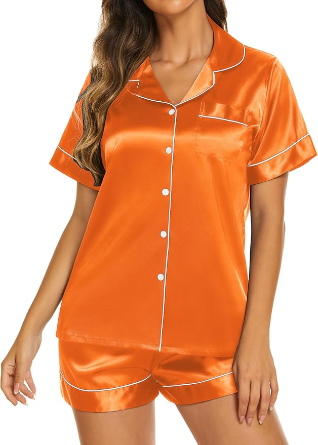 Ekouaer Silk Pajamas for Women Short Sleeve Sleepwear Soft Button Down Loungewear 2 Piece Satin Pjs Shorts Set