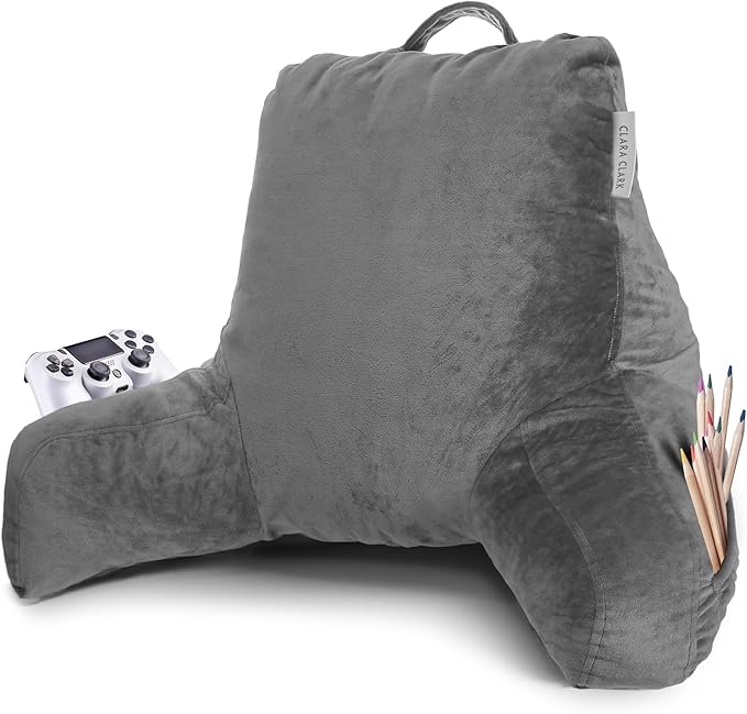 Clara Clark Reading Pillow with Shredded Memory Foam for Sitting Up in Bed and Couch, Back and Arms Adjustable Support for Adults & Teens Backrest Pillows for Reading, with Washable Cover Grey