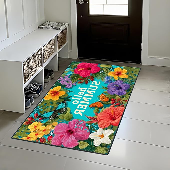Hello Summer Area Rug 2x3 ft Entry Rug Washable Boho Rugs Non Slip Low Pile Floral Door Mat Small Carpet for Bedroom, Bedside, Kids Room, Office, Dining Room