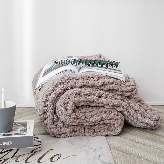 vctops Boho Chenille Chunky Knit Throw Blanket Super Soft Warm Cozy Hand Knit Blankets for Couch Bed Sofa Chair (Camel Grey,51"x63")
