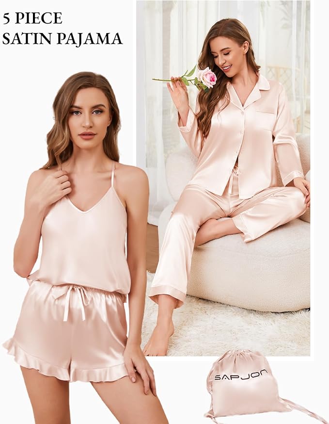 SAPJON Satin Silk Pajamas for Women Set 5PCS Classic Button Down Pajamas Top and Pants Cami and Ruffle Shorts Sleepwear