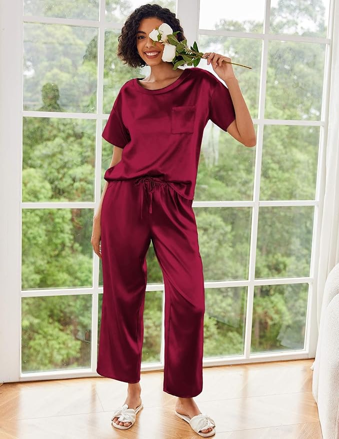 Ekouaer Womens Satin Silky Pajama Set Short Sleeve Shirt with Long Pajama Pant Set Soft PJ Loungewear