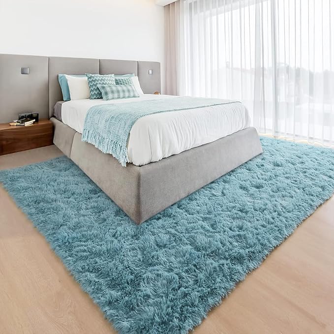 YJ.GWL Area Rugs for Living Room Bedroom, 8x10 Machine Washable Large Teal Carpet, Soft Fluffy Shaggy Thick Big Shag Indoor Floor Rug for Kids Boy and Girls Room Dorm Home Decor Aesthetic
