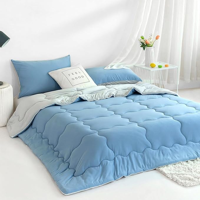 COTTEBED Reversible Blue and Light Gray Bed Comforter Queen Sets, Jersey Knit T-Shirt Feel Ultra-Soft Lightweight Breathable Cozy Bedding Down Quilt Blanket & 2 Pillowsham All Season Use (Full/Queen)