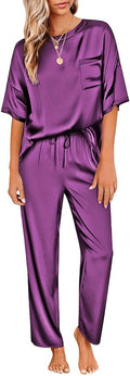 Ekouaer Womens Satin Silky Pajama Set Short Sleeve Shirt with Long Pajama Pant Set Soft PJ Loungewear