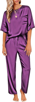 Ekouaer Womens Satin Silky Pajama Set Short Sleeve Shirt with Long Pajama Pant Set Soft PJ Loungewear