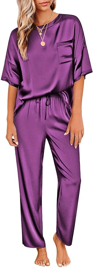 Ekouaer Womens Satin Silky Pajama Set Short Sleeve Shirt with Long Pajama Pant Set Soft PJ Loungewear