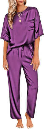 Ekouaer Womens Satin Silky Pajama Set Short Sleeve Shirt with Long Pajama Pant Set Soft PJ Loungewear