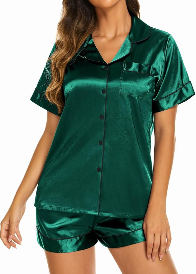 Ekouaer Silk Pajamas for Women Short Sleeve Sleepwear Soft Button Down Loungewear 2 Piece Satin Pjs Shorts Set