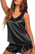 Ekouaer Womens Silk Pajamas Set 2 Piece Satin Camisole Pjs V Neck Tank Top and Shorts with Ruffle Sleepwear