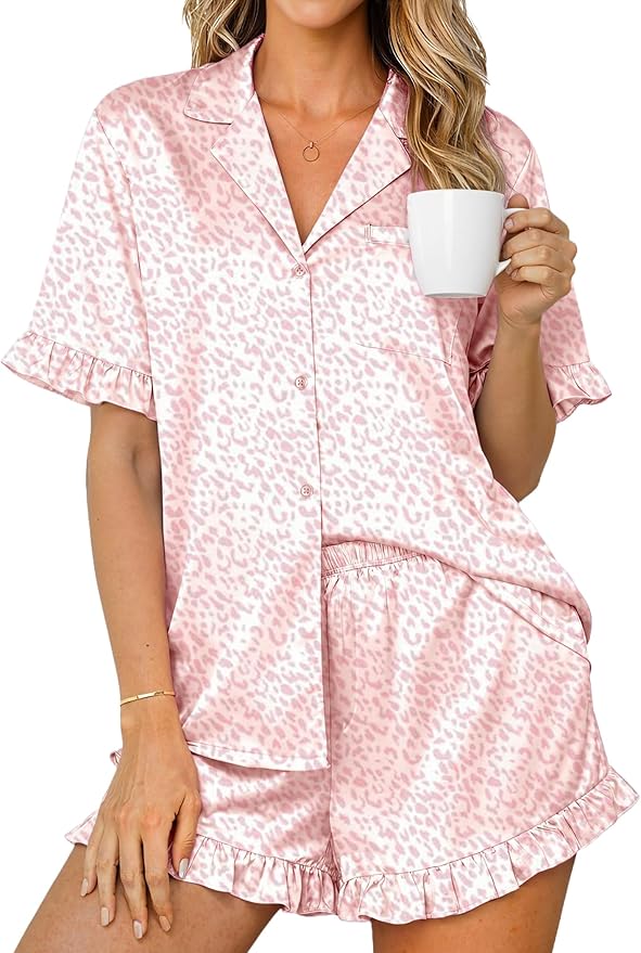 Ekouaer Womens Satin Pajamas Set 2 Piece Button Down Silk Pjs Ruffle Short Sleeve Shorts Set Notch Collar Sleepwear