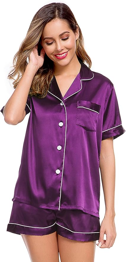 LecGee Womens Silk Satin Pajamas Short Sleeve Loungewear Two-Piece Sleepwear Button-Down Pj Set