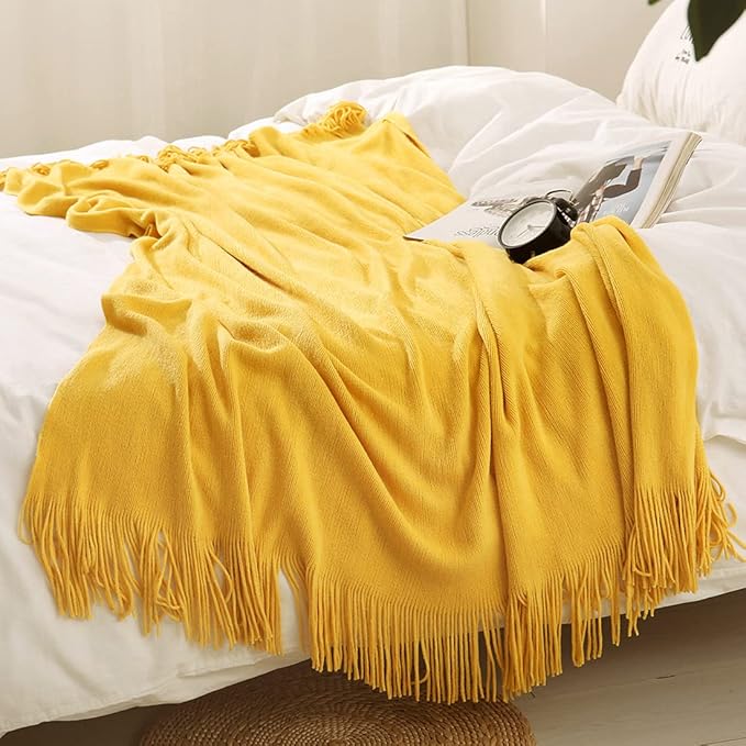 Homiest Decorative Knitted Throw Blanket with Fringe Soft & Cozy Tassel Blanket for Couch Sofa Bed (Yellow,50x60)