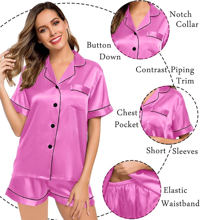 LecGee Womens Silk Satin Pajamas Short Sleeve Loungewear Two-Piece Sleepwear Button-Down Pj Set