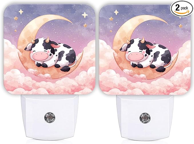 Cow Night Lights Plug Into Wall, Cute Fanciful Moon Clouds Summer Peach Automatic Plug in Night Lights with Sensor for Living Room Family Room Bedroom Decor 2pcs