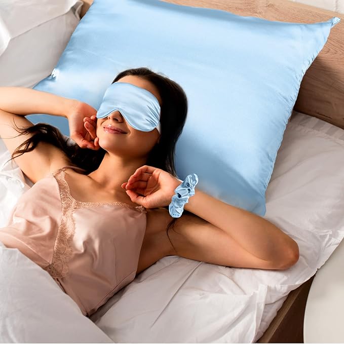 2 Pack Satin Pillowcase with Latent Zipper, Adjustable Satin Eye Mask for Sleeping and Satin Volume Scrunchie for Hair and Skin, Standard Size (Classic Style, Blue)