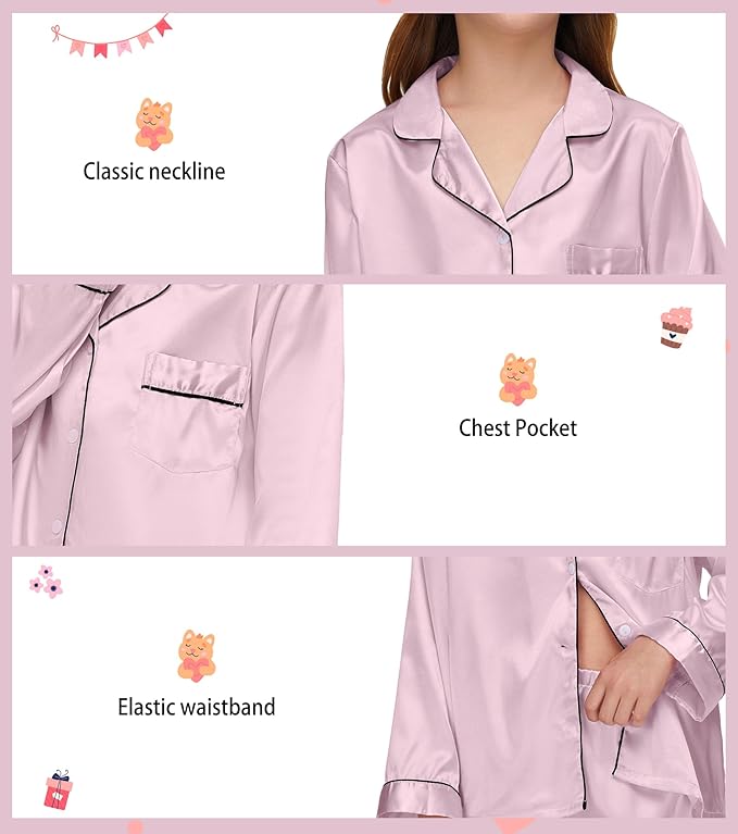 EPLAZA Kids Satin Pajamas Sets Girls Boys Button-Down Silky Pajamas Sleepwear with Hairband Eye Mask Hair Tie
