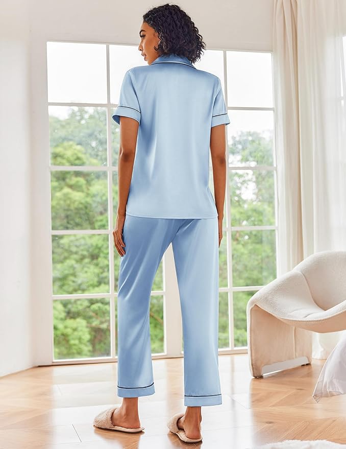 Ekouaer Satin Pajamas Set Women Short Sleeve Sleepwear Soft Button Down Loungewear Pjs Set