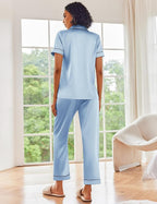 Ekouaer Satin Pajamas Set Women Short Sleeve Sleepwear Soft Button Down Loungewear Pjs Set