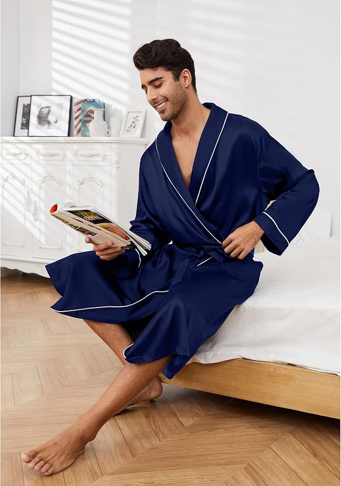 Vulcanodon Men’s Satin Robe Lightweight,Men's Luxurious Silk Kimono Bathrobe