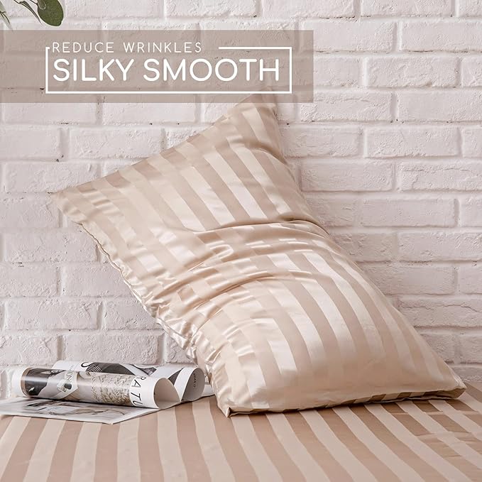 MR&HM Satin Bed Sheets, Full Size Sheets Set, 4 Pcs Silky Bedding Set with 15 Inches Deep Pocket for Mattress (Full, Champagne Striped)