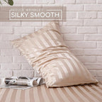 MR&HM Satin Bed Sheets, Full Size Sheets Set, 4 Pcs Silky Bedding Set with 15 Inches Deep Pocket for Mattress (Full, Champagne Striped)