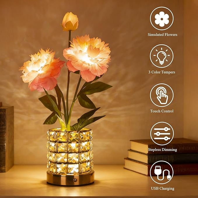 Flower Table Lamp, Orchid Flower with Crystal Vase Lamp, Cordless Touch Desk Light, 3 Colors Dimming & Rechargeable, Small Night Light for Bedroom Home, Romantic Gifts for Girl Women (Peony-Pink)