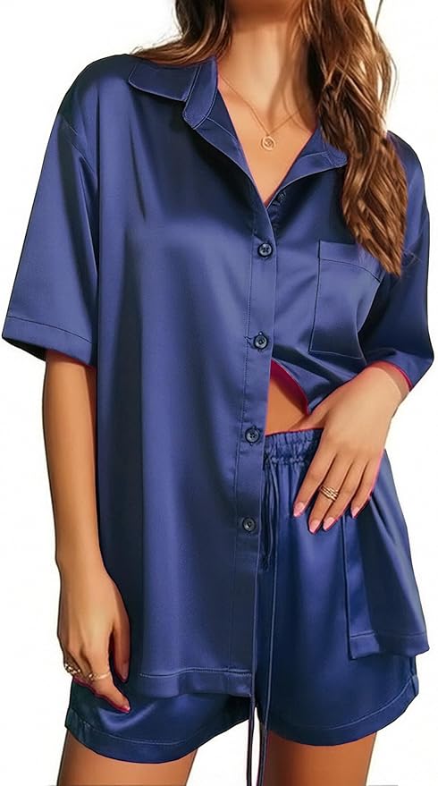 Ekouaer Pajamas for Women Silk Satin Pjs Soft Sleepwear Short Sleeve Button Down Pjs Top and Shorts 2 Piece Lounge Set S-XXL