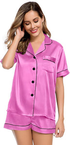 LecGee Womens Silk Satin Pajamas Short Sleeve Loungewear Two-Piece Sleepwear Button-Down Pj Set