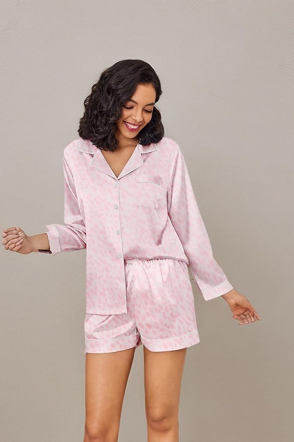 Ekouaer Satin Pajama Set for Women Button Down Pj Set Long Sleeve Top and Shorts 2 Piece Loungewear Summer Soft Sleepwear