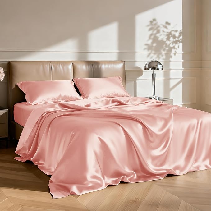 Love's cabin Satin King Sheet Sets - 4 Piece Coral Silky Sheets King Size Bed Set with Deep Pocket, Luxury Silk Feel King Size Satin Sheet Set (1 Flat Sheet,1 Fitted Sheet,2 Pillow Cases)