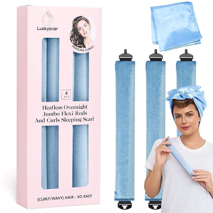 Heatless Curls Overnight Rods Jumbo Set, Heatless Hair Curler Velvet Satin Jumbo Flexi Rods to Sleep in, No Heat Overnight Sleeping Blowout Curls Wave Styling Tools with Silk Scarf 4pcs Blue