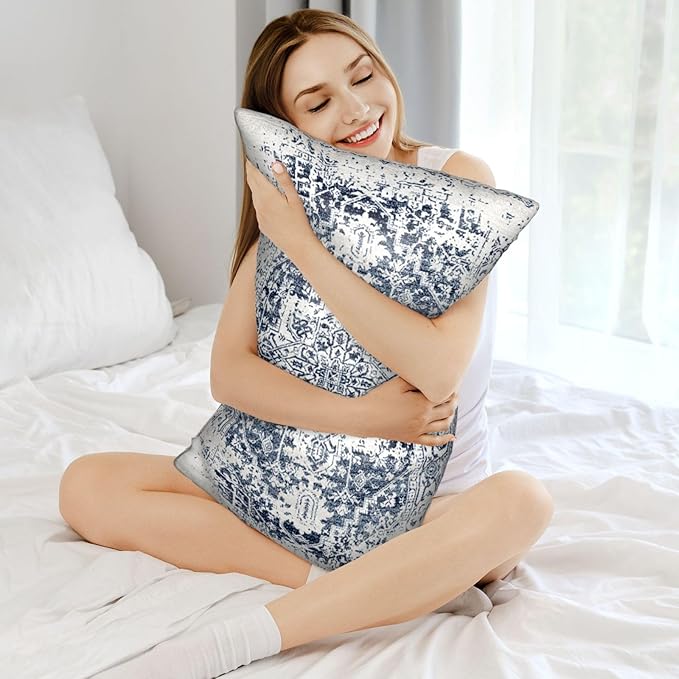 Silk Like Pillowcase for Hair and Skin Retro Boho Blue Carpet 1 Pack Satin Pillowcase with Hidden Zipper Soft Breathable Smooth Cooling Pillow Cover Standard Size for Bedroom Sofa 20”x26”
