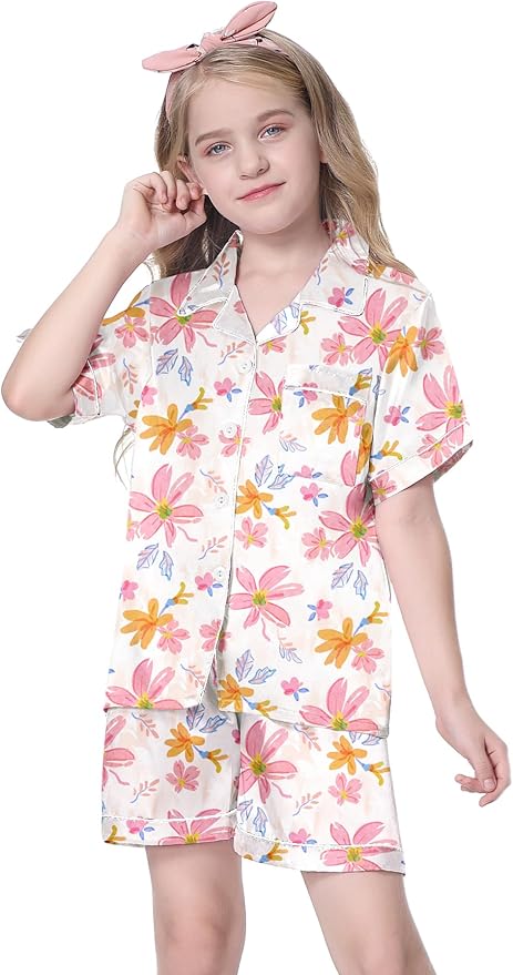 Girls & Womens Satin Pajamas Set, Silk Button-Down Sleepwear 2 Piece Nightwear, 3 Years - Women XXL