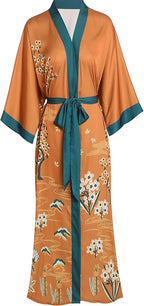 Aensso Long Soft Lightweight Silky Kimonos Robes for Women, Luxury Japanese Floral Womens Kimono Robe