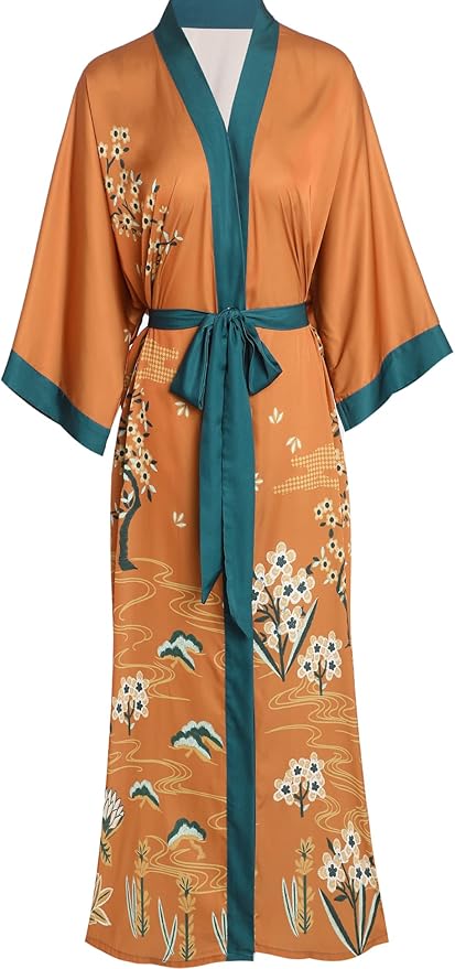 Aensso Long Soft Lightweight Silky Kimonos Robes for Women, Luxury Japanese Floral Womens Kimono Robe