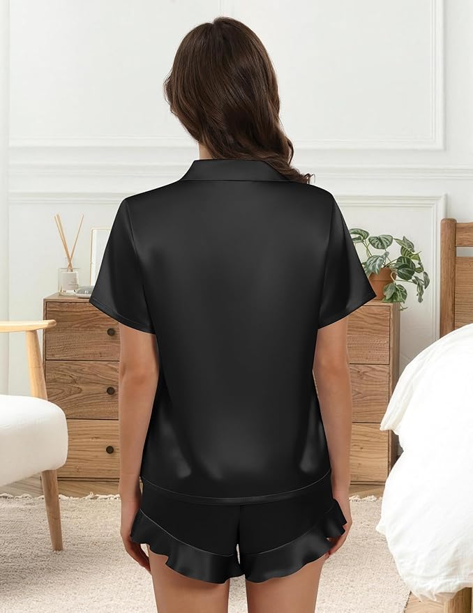 Silk Pajamas for Women Button Down 2 Piece Satin Pjs Shorts Set Ruffle Notch Collar Sleepwear Loungewear