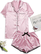 WDIRARA Women's Sleepwear Satin Short Sleeve Shirt and Shorts Pajama Set