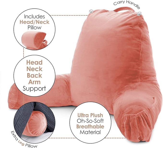 Clara Clark Reading Pillow with Shredded Memory Foam Includes 2 Neck and Lumber Support Pillows, Designed for Sitting Up in Bed and Couch Back and Arms Adjustable Support for Adults & Teens Misty Rose