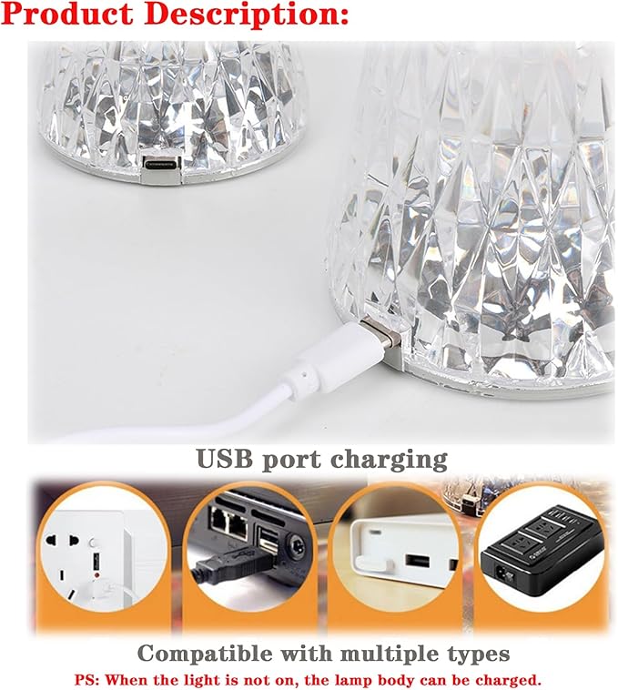 Touch Control Crystal Table Lamp,16 Color Changing Diamond Bedside Lamp,USB Charging Acrylic Lamp,LED Night Light Crystal Diamond Table Lamp,Bedroom,Living Room,Office Decoration