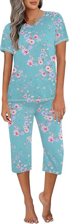 Ekouaer Women's Sleepwear Capri Pajama Sets Short Sleeve Two-Piece Pjs V Neck Tops & Capri Pants with Pockets S-3XL