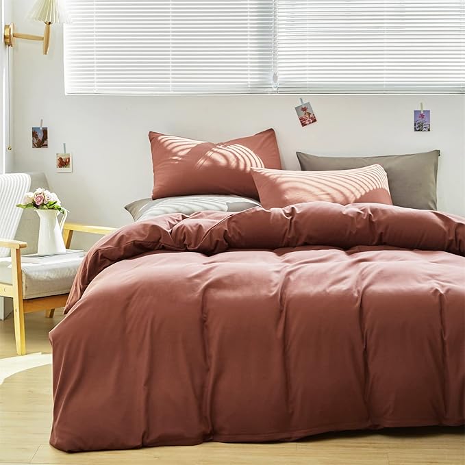 Luxlovery Brick Red Comforter Set King Dark Rust Bedding Comforter Set Solid Blackish Red Breathable Blanket Quilts 3 Piece Bedding Set for King Bed