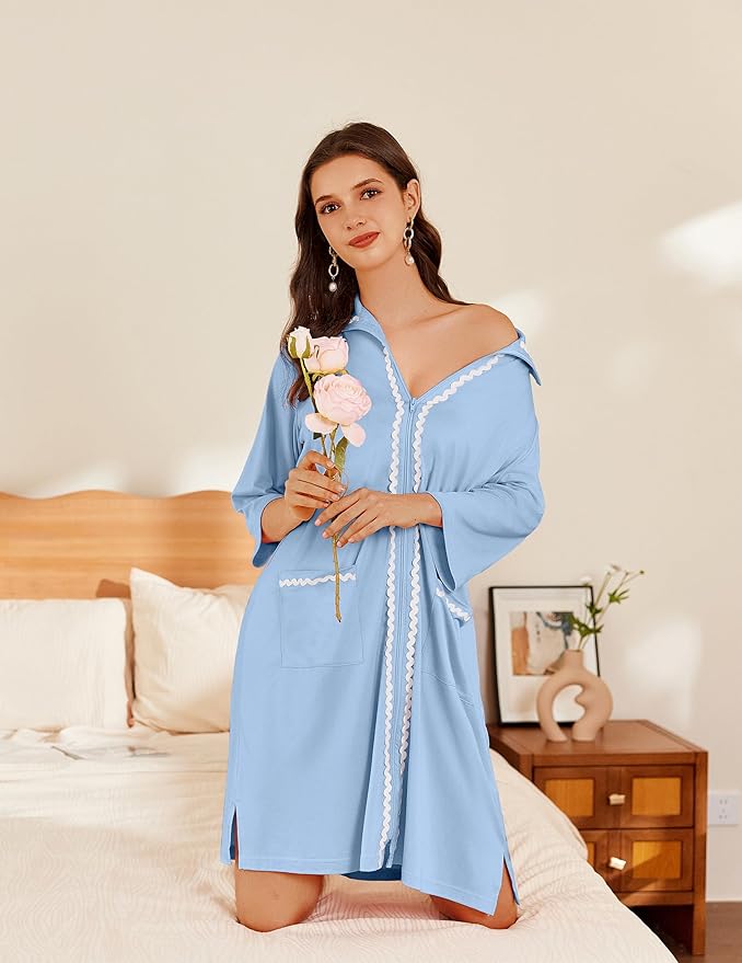 Ekouaer Women Zipper Robe Lightweight House Coat Zipper Front Short Bathrobes Soft Nightgown with Pockets S-3XL