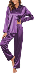 Ekouaer Women Satin Silk Pajamas Classic Long Sleeve Button Down Pjs Set Soft Loungewear