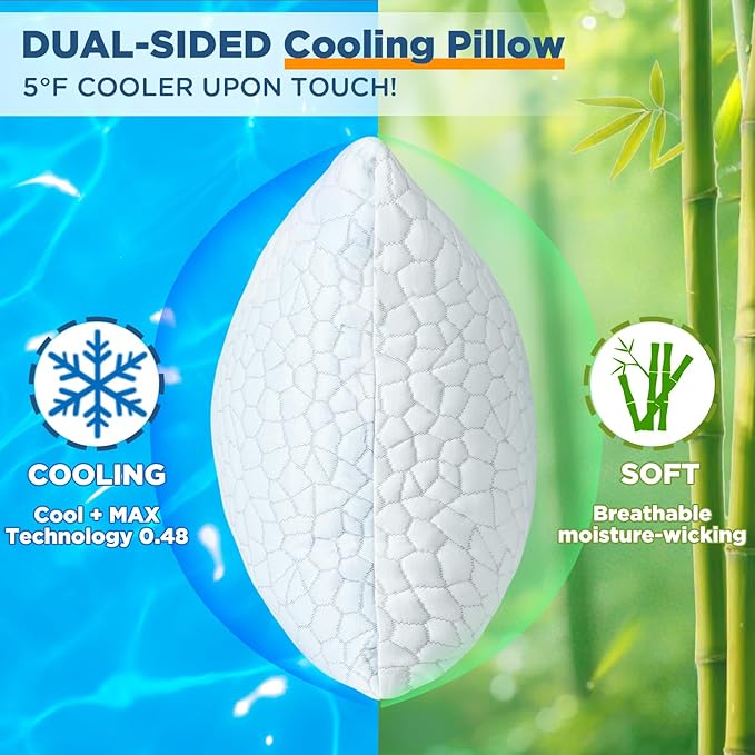 Cooling Pillow Standard Size 1 Pack, Adjustable Bed Pillows for Sleeping, Luxury Shredded Memory Foam Pillows, Soft and Supportive Firm Pillow for Side,Back, Stomach Sleepers, Gifts for Hot Sleepers