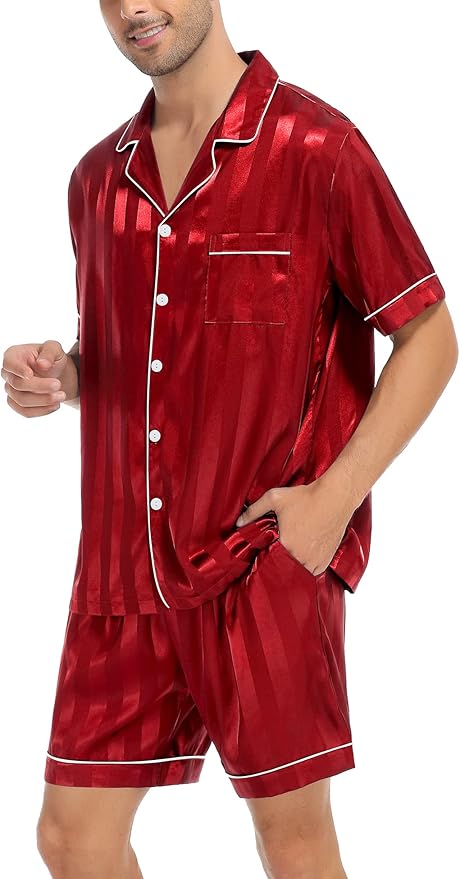 SWOMOG Satin Matching Pajamas Sets Couple Silk Button Down Nightwear Women & Men Short Sleeve Sleepwear 2 Pieces Loungewear