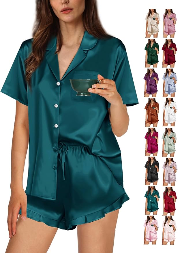WJing Yi Jia Ruffle Pajama Sets For Women XS-4XL Womens Silk Satin Pajamas Set Silky Sleepwear Pj Sets Nightwear Loungewear