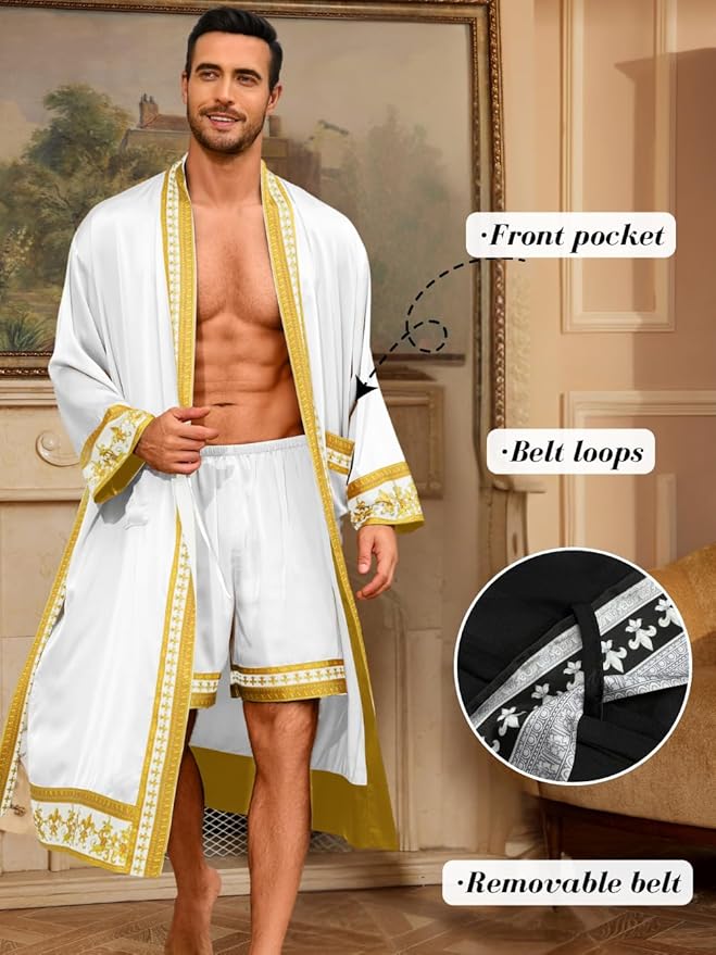 ChiaoLezhee Men's Luxury Silky Robe & Shorts Set, 2PC Lightweight Satin Pajamas with Pockets, Opulent Baroque Kimono Gifts