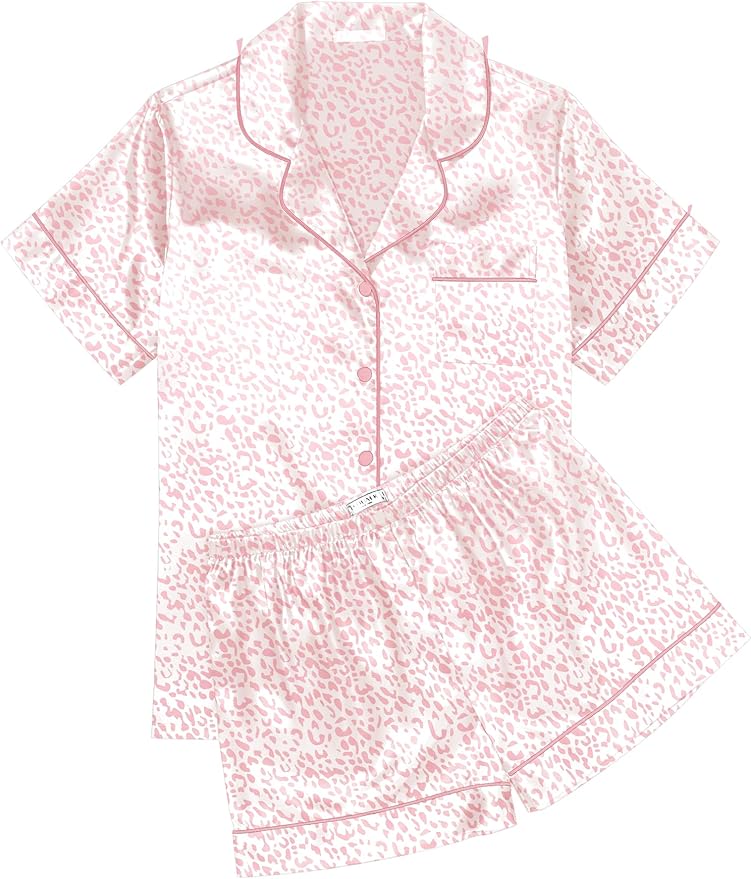 Ekouaer Womens Silk Satin Pajama Sets Soft Short Sleeve Button Down Sleepwear Top and Shorts 2 Piece Pjs Lounge Set